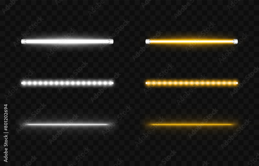 Vector set of led lamps png. LED lamps of different colors on an isolated transparent background. Led lamp, neon light, light effect png. Night light.