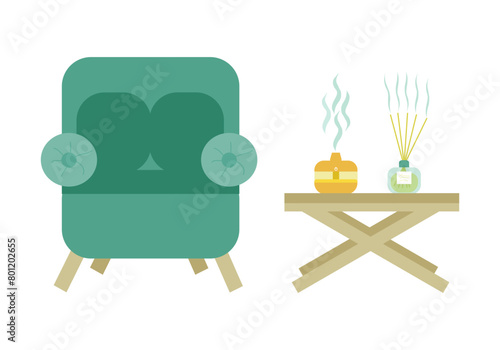 A place for relaxation - a soft chair and a table with an aroma lamp and an aroma diffuser with aroma sticks. Aromatherapy, color vector illustration