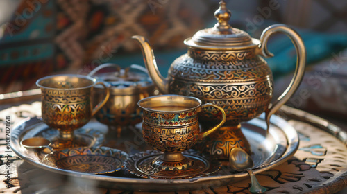 A tea set from Morocco adorned with detailed metal craftsmanship.