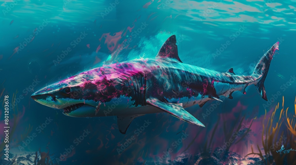 Fototapeta premium Hyperealistic Shark emerging from a bleached sea, mystery in its gaze, trunk shot for intensity. Low noise, no overlay., Strawberry pink, neon blue, and dark chocolate brown
