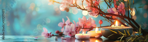 A beautiful serene image of pink cherry blossoms with candles and water with a blurred background.