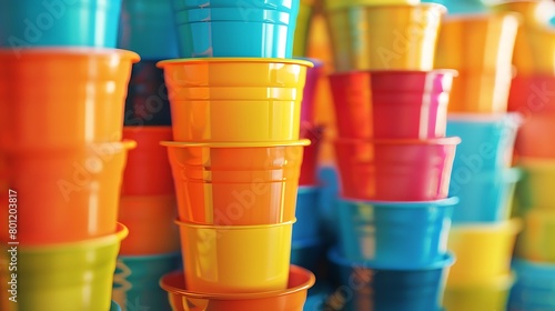 A stack of brightly colored plastic cups for stacking