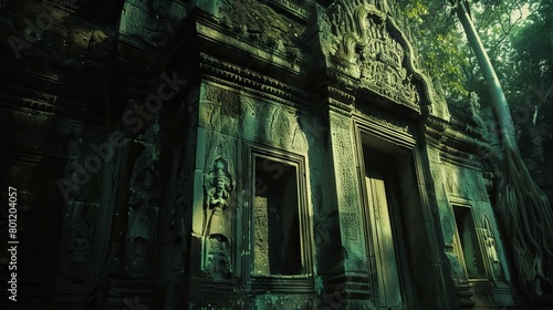 In the heart of mystical shadows, a wanderer interprets ancient symbols amidst Thai temples, revealing stories untold. POV captures the fusion of past and abstract visions., Sage and pine green