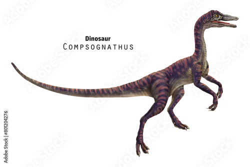 Compsognathus illustration. Small brown and beige striped dinosaur.