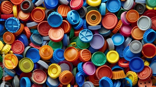 A pile of colorful plastic bottle caps each with unique textures and patterns highlighting the potential for using everyday items to create recycled material designs.. photo