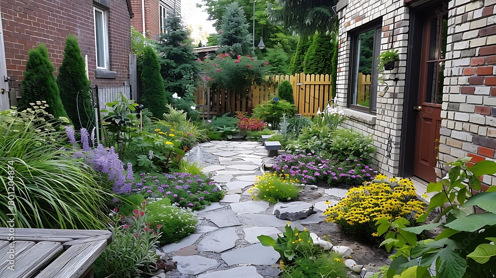 A small urban backyard garden featuring a tumbled paver patio flagstone stepping stones and perennials add colour