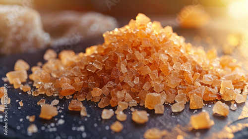 Close up of brown sugar crystals on slate. photo