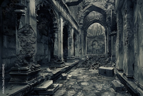 Time-traveler, in search of Dharma's essence, finds a novel amid ruins, a hyperrealistic portrayal of beauty in destruction, a silent story of resurgence., Minimal and modern greys photo