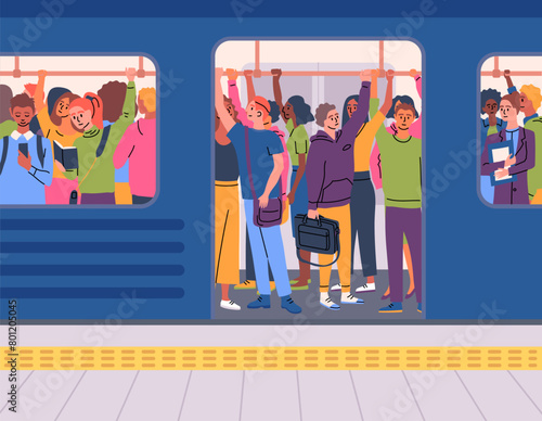 Cartoon Color Characters People Standing Inside Crowded Subway Train Concept Flat Design Style. Vector illustration of Public Transport