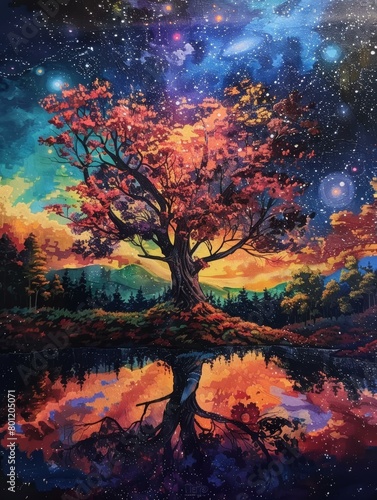 Vivid painting of an autumnal tree against a galaxy sky, mirrored in the still waters below. © Volodymyr