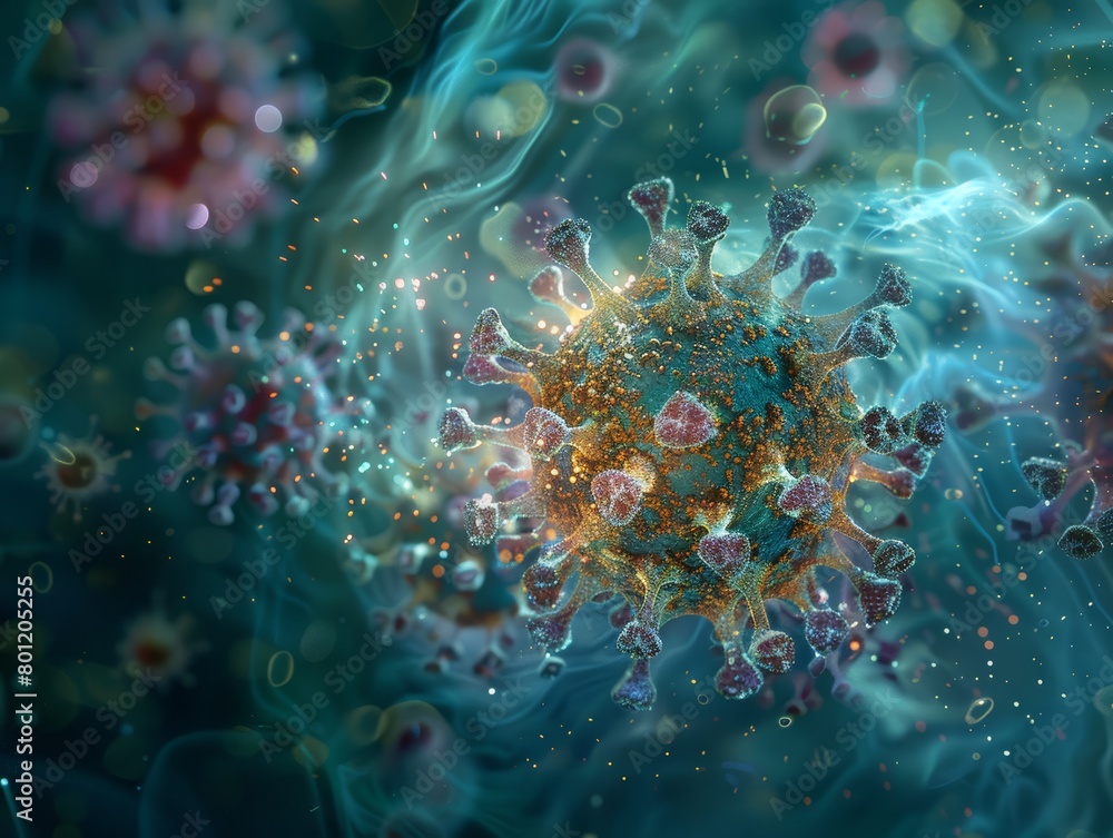 Close-up, high-res image of a detailed virus particle, presented against a striking deep viridian background, ideal for virology studies Close-up, high-res image of a detailed virus particle, presented against a striking deep viridian background, ideal for virology studies