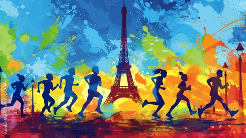 An energetic painting of silhouetted runners racing past the Eiffel Tower, set against a backdrop of dynamic, splashy colors.