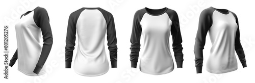 Set of woman black long sleeve Raglan Sleeves white tee t shirt colour block round neck front, back and side view on transparent cutout, PNG file. Mockup template for artwork design photo
