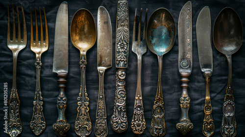 Assorted vintage cutlery on dark background photo
