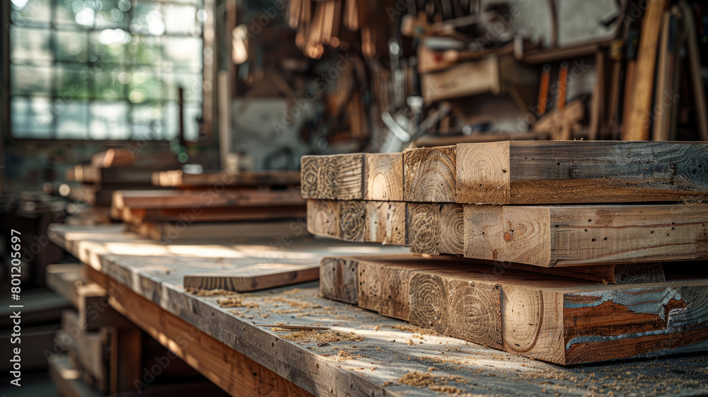 Lumber planks on a workbench in a workshop Lumber planks on a workbench in a workshop
