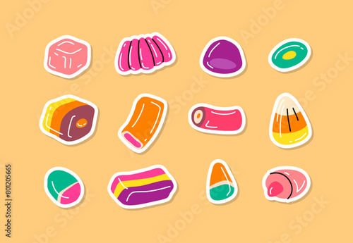 Cartoon Color Gummy Candies Sticker Badge Set Concept Flat Design Style. Vector illustration of Candy for Kids