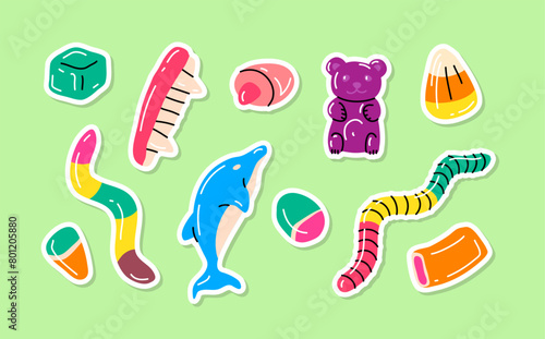 Cartoon Color Gummy Candies, Jelly Sweets Sticker Patch Set Concept Flat Design Style. Vector illustration of Candy for Kids