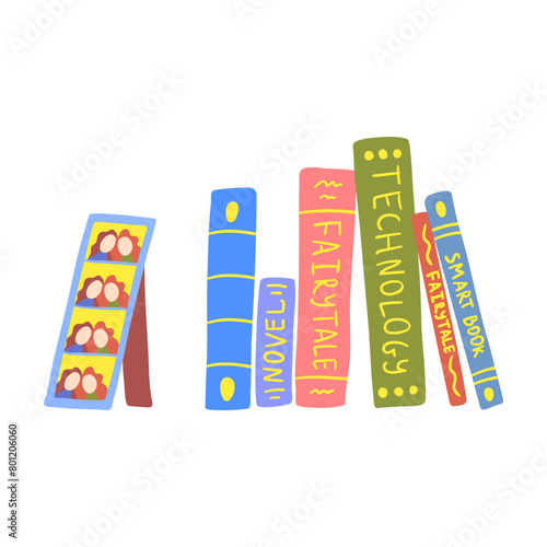 Cartoon Color Stack Different Stack Books and Photo Frame with Two Friends Element Home Inside Interior Concept Flat Design Style. Vector illustration of Book