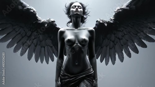 Portrait of a beautiful attractive black fallen angel on a dark background photo