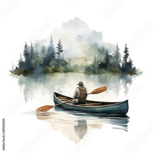 Watercolor illustration of a single canoeist on a misty river serene clipart