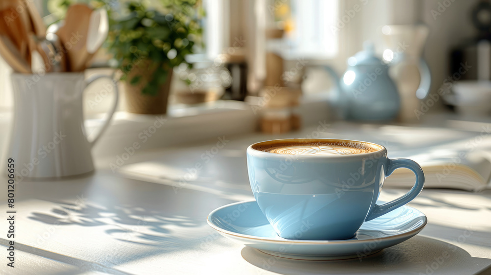A blue coffee cup in a sunny kitchen setting. A blue coffee cup in a sunny kitchen setting.