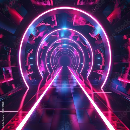 A vibrant, neon-lit tunnel creating a futuristic illusion, perfect for themes involving technology, virtual reality, and sci-fi.