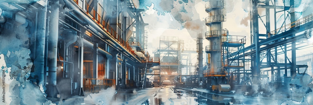 An abstract watercolor interpretation of a chemical plant, depicted in cool blue tones, representing industry, technology, and environmental themes. Features ample copy space.