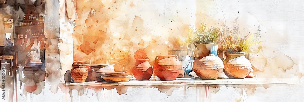 A serene display of rustic earthenware pots and wheat stalks painted in warm, earthy watercolor tones. Ideal for themes related to traditional crafts, rural life, or sustainable living. copy space