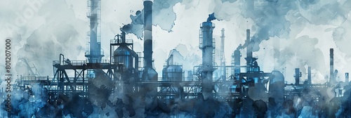 An abstract watercolor interpretation of a chemical plant, depicted in cool blue tones, representing industry, technology, and environmental themes. Features ample copy space. photo