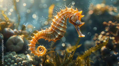 A seahorse swimming underwater.