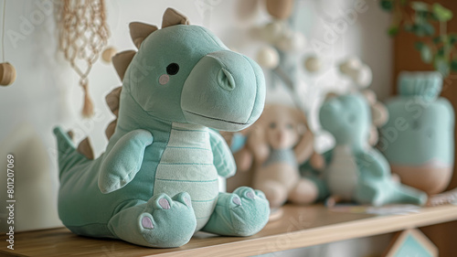 Fototapeta Naklejka Na Ścianę i Meble -  Plush dinosaur toy on shelf