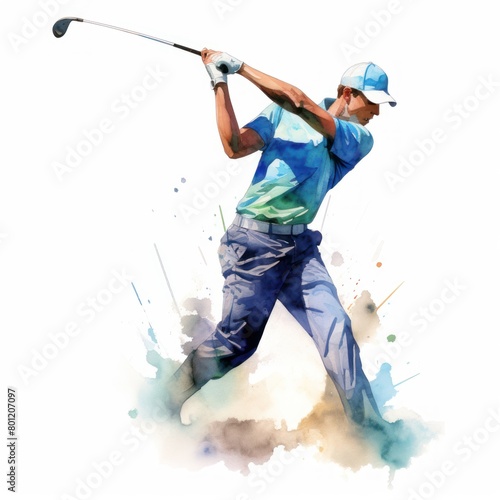 Watercolor clipart of a golfer mid-swing on a sunny day