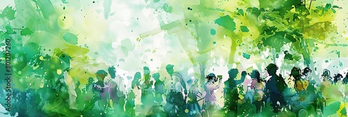 An abstract watercolor capturing the lively interaction of people within a natural setting  awash with vibrant greens and soft light  suitable for social or community themes.  