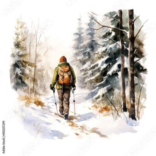 Single snowshoer in winter woods picturesque watercolor clipart photo