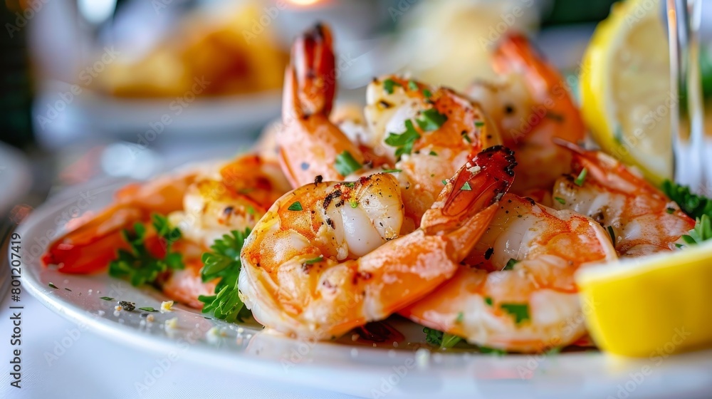 Exquisite presentation of succulent grilled shrimp on an elegant and pristine white plate Exquisite presentation of succulent grilled shrimp on an elegant and pristine white plate