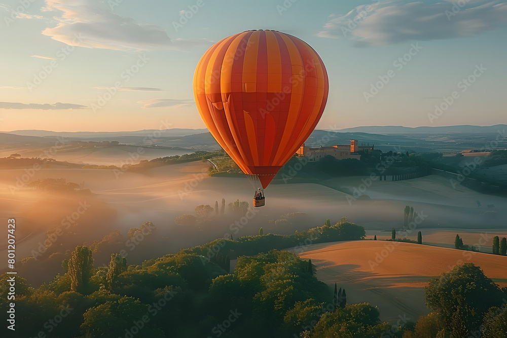 A majestic hot air balloon gently ascending over a serene countryside