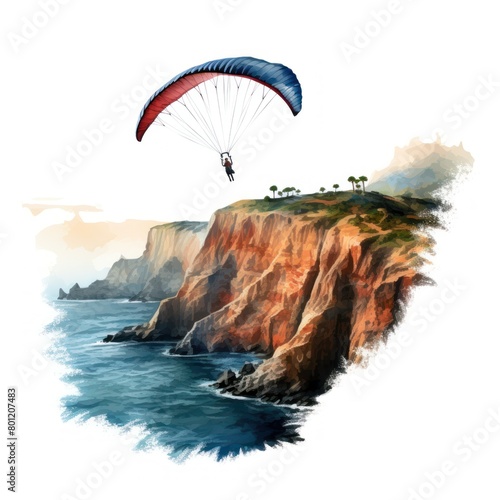 Single paraglider flying over coastal cliffs vibrant watercolor clipart