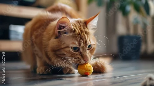 Fototapeta na wymiar A yellow cat playing with a toy in his mouth