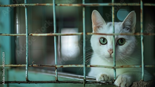 A white cat in a cage © Michael