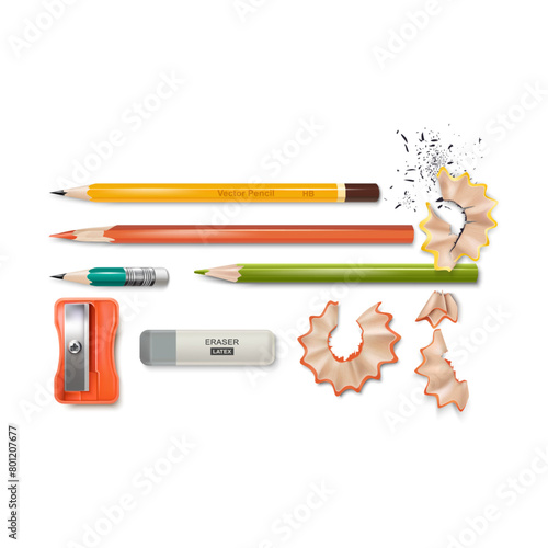 Realistic Detailed 3d Office Stationery Concept Isolated on a White Background. Vector illustration of Sharpener, Pencils and Eraser © bigmouse108