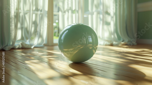 A green ball on a wooden floor with sunlight.