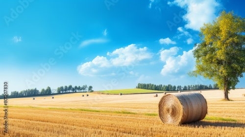 Harvested cornfield with straw bales under a bright blue sky. Straw bales on a field and blue sky with bright sun in Germany