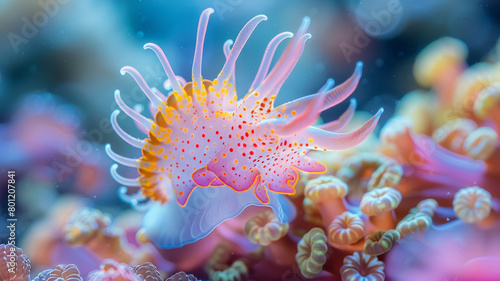 A colorful sea anemone among coral