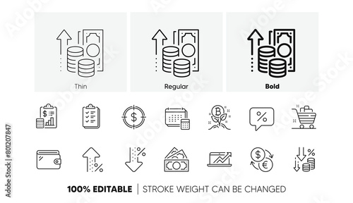 Inflation, Bitcoin project and Report line icons. Pack of Money, Low percent, Increasing percent icon. Checklist, Wallet, Discount message pictogram. Currency exchange, Dollar target. Vector