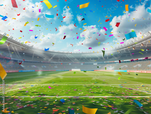 Soccer Stadium with garlands and confetti. Celebrating the winner team.