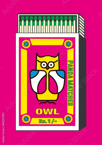 Bird of night, Hooter, Owlet, Bird, Screech owl, Little owl. lighter belonging, lighter can, matchbox, matches vector illustration. Vintage, antique retro style packaging. Indian art old style design.