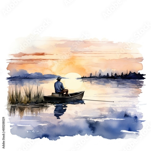 Clipart in watercolor of a fisherman at sunset tranquil solitude