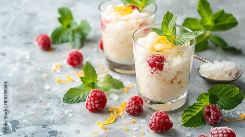 Almond milk and orange zest granita with fresh rasp berries in glasses on a vintage and mint leaves