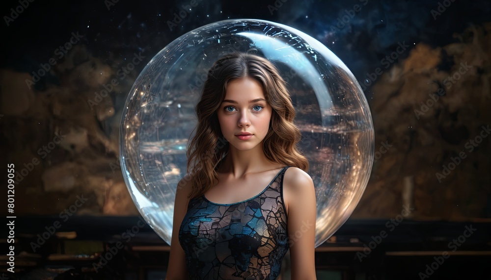 Naklejka premium A woman stands in front of a large glass sphere