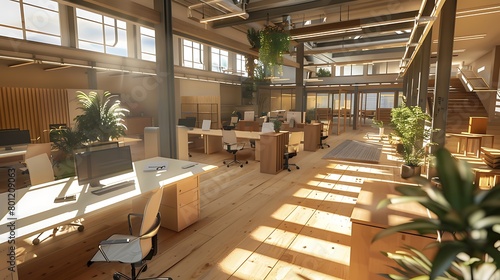 An environmentally friendly co working office space computer generated of an open plan office interio